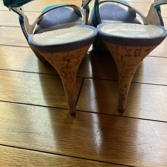 Guess Suede Multicolor Blue Gray Purple  Slingback Cork Heel Shoes  Sandals  8.5 - Picture 6 of 12